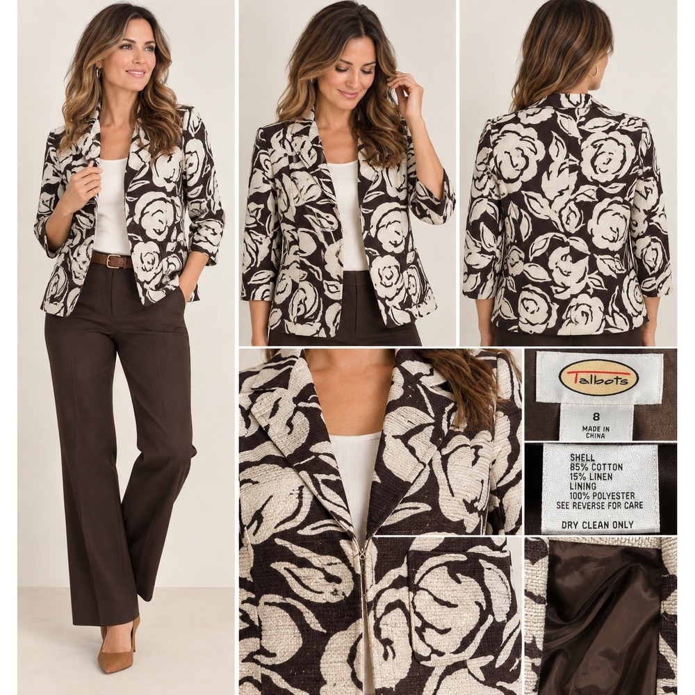 Talbots Blazer Womens 8 Brown Ivory Floral Cotton Linen 3/4 Sleeve Jacket